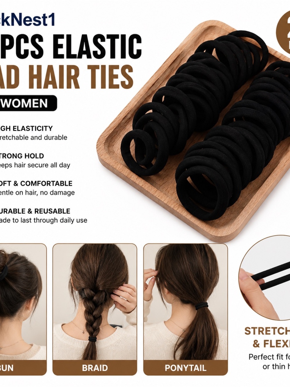 NEST Fragrances Black Elastic Hair Ties for Women - 24 Pack